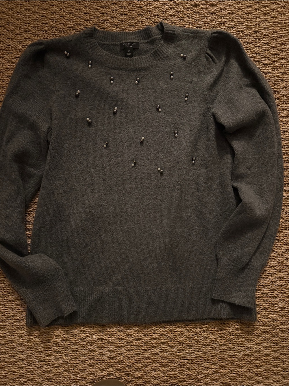 Ann Taylor Dark Gray Embellished Crewneck Sweater